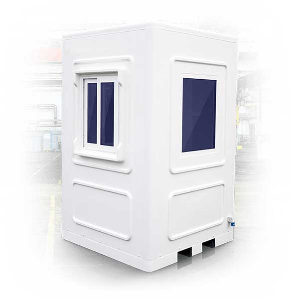 white grp kiosk with fork pockets and two windows